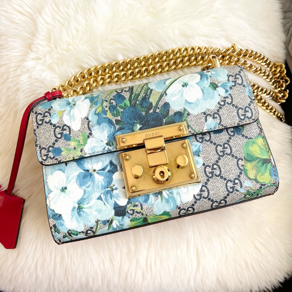 Gucci Bloom Blue Padlock Print GG Coated Canvas Shoulder Bag